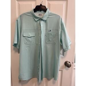 Izod Saltwater Men’s XL Button Up Shirt Pockets Aqua Green Short Sleeve Preowned